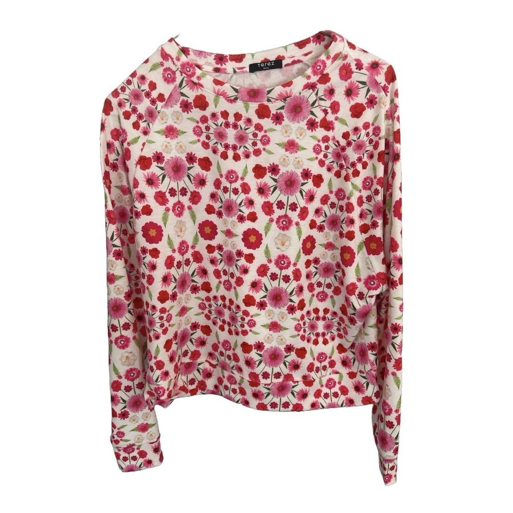 Terez Womens S Crewneck T-Shirt Tee Long Sleeve Top Floral Pink